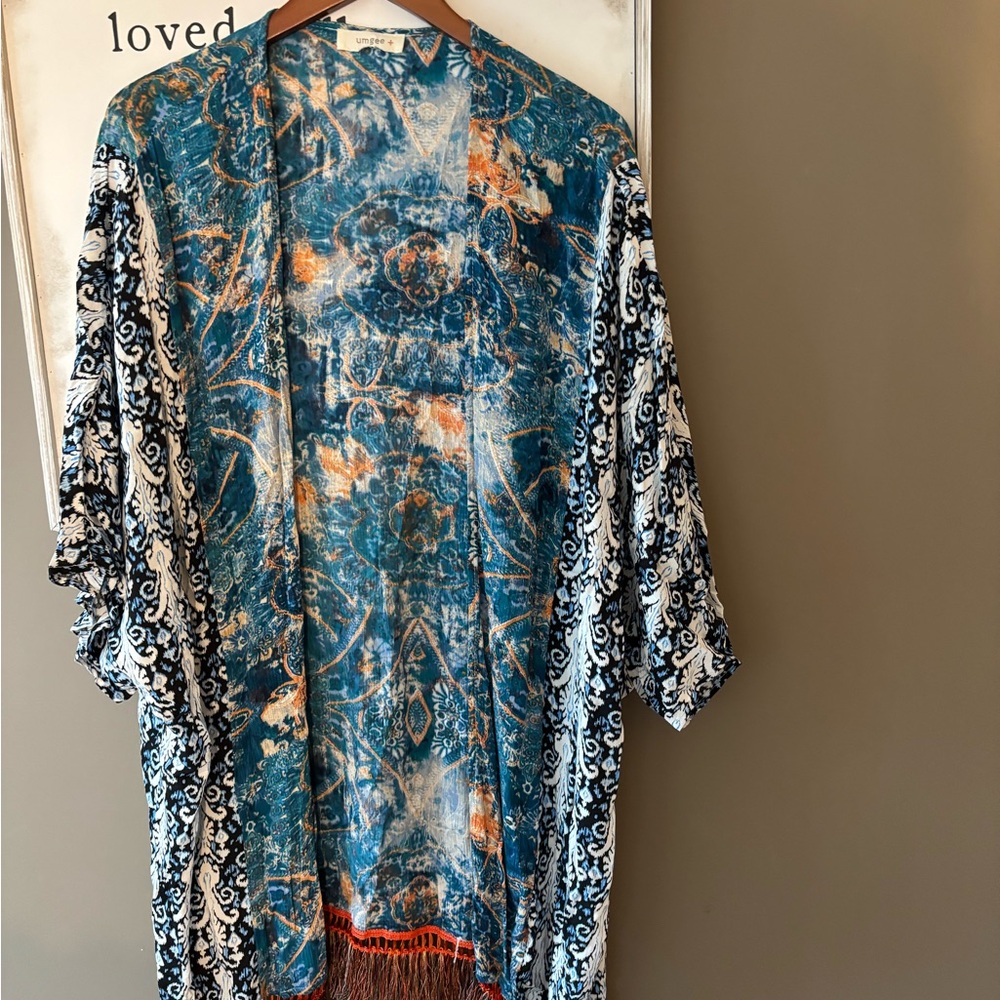 Bohemian Abstract Multi Color Pattern Fringe Kimono Coverup